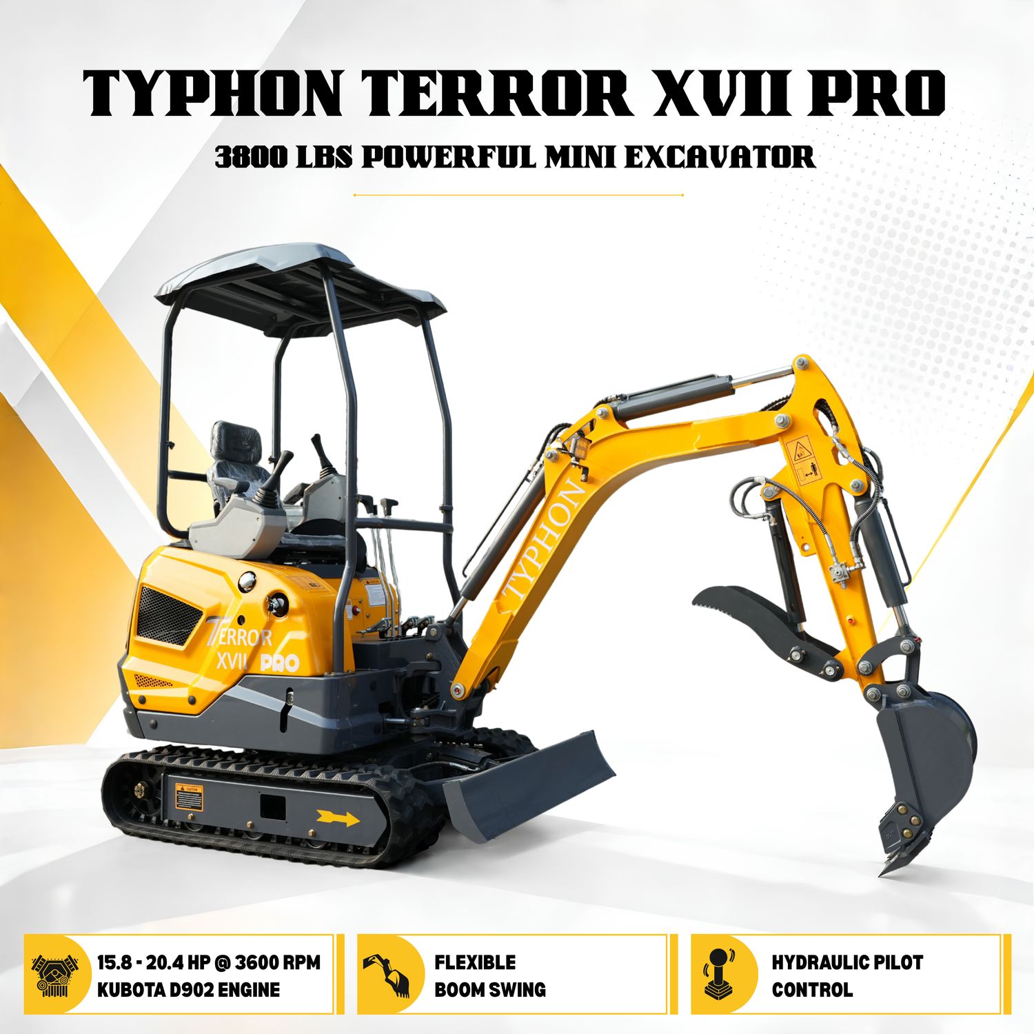 TYPHON TERROR XVII PRO 3800 lb Mini Excavator, Kubota D902 Diesel, Hydraulic Thumb, Pilot Controls, 14kN Dig Force