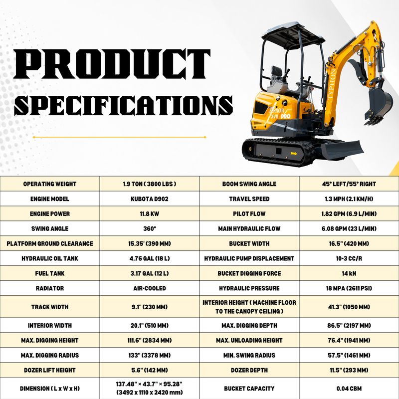 Top Compact & Mini Excavator Diggers- TYPHON Machinery TYPHON TERROR XVII PRO 3800 lb Mini Excavator, Kubota D902 Diesel, Hydraulic Thumb, Pilot Controls, 14kN Dig Force