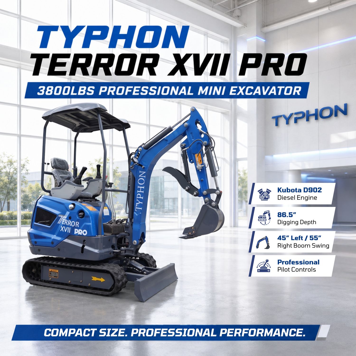 New TYPHON TERROR XVII PRO 3800 lb Mini Excavator – Kubota Diesel, Premium Hydraulics, 14kN Dig Force, Boom Swing