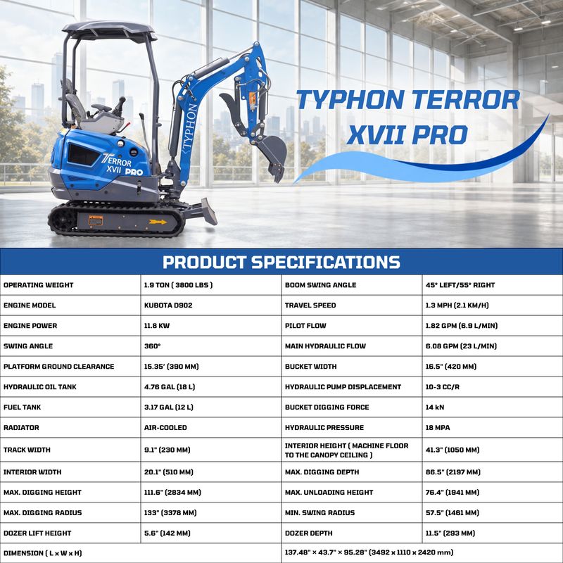 Top Compact & Mini Excavator Diggers- TYPHON Machinery New TYPHON TERROR XVII PRO 3800 lb Mini Excavator – Kubota Diesel, Premium Hydraulics, 14kN Dig Force, Boom Swing