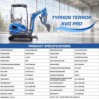 Top Compact & Mini Excavator Diggers- TYPHON Machinery New TYPHON TERROR XVII PRO 3800 lb Mini Excavator – Kubota Diesel, Premium Hydraulics, 14kN Dig Force, Boom Swing