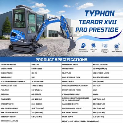 TYPHON TERROR XVII PRO Prestige Edition – Enclosed Mini Excavator with AC, Heater & Ergonomic Comfort