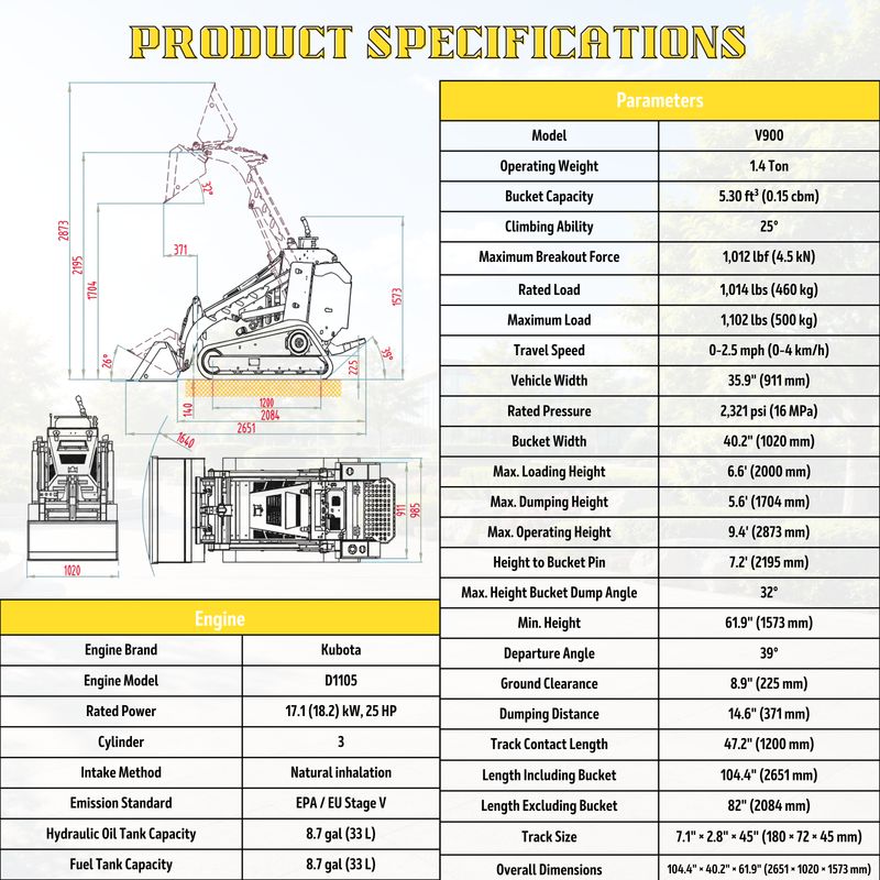 Brand New  TYPHON STOMP V900  1.4-Ton Compact Track Loader with 25HP Kubota Diesel Engine 1,102 lb Max Load