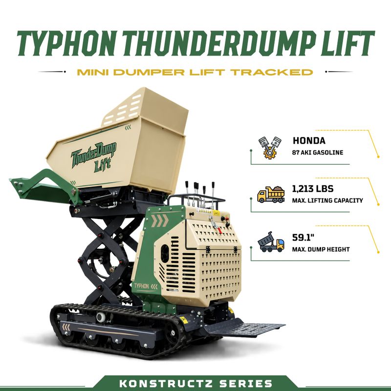 TYPHON ThunderDump Lift KONSTRUCTZ Series Tracked Dumper, 2,205 lb Load Capacity  Honda GX390 Gas Engine,