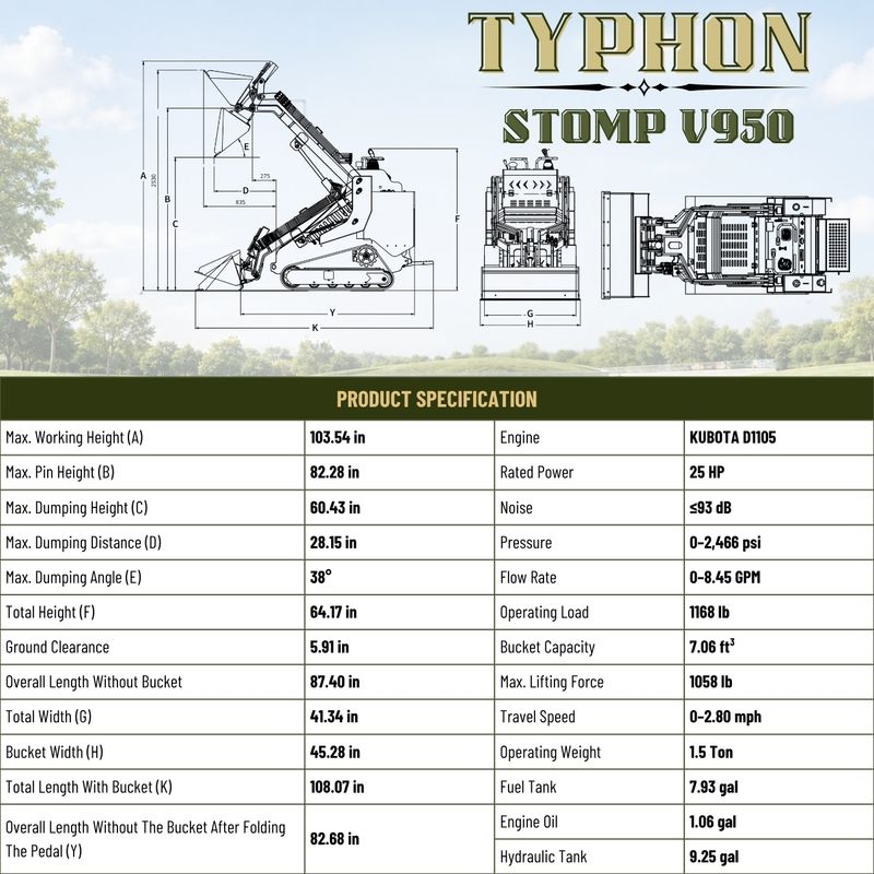 Top Compact & Mini Excavator Diggers- TYPHON Machinery Typhon Stomp V950 Mini Skid Steer Track Loader - Konstructz Series 1.5 Ton 25HP Kubota D1105 Engine