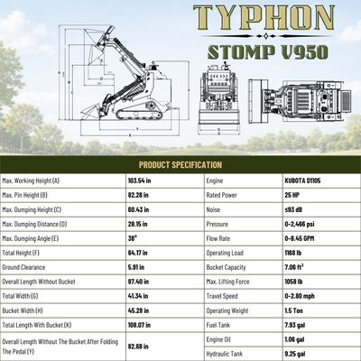 Typhon Stomp V950 Mini Skid Steer Track Loader - Konstructz Series 1.5 Ton 25HP Kubota D1105 Engine