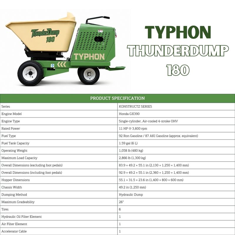 TYPHON THUNDERDUMP 180 Wheeled Dumper Konstructz Series Honda GX390 2,866 lb Capacity