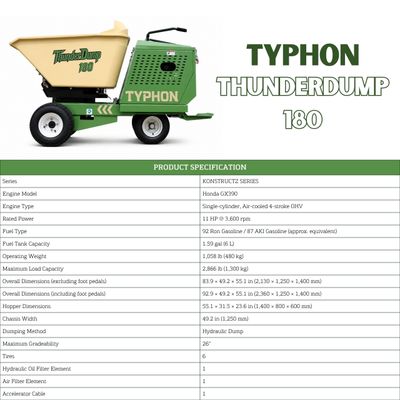 Top Compact & Mini Excavator Diggers- TYPHON Machinery TYPHON THUNDERDUMP 180 Wheeled Dumper Konstructz Series Honda GX390 2,866 lb Capacity