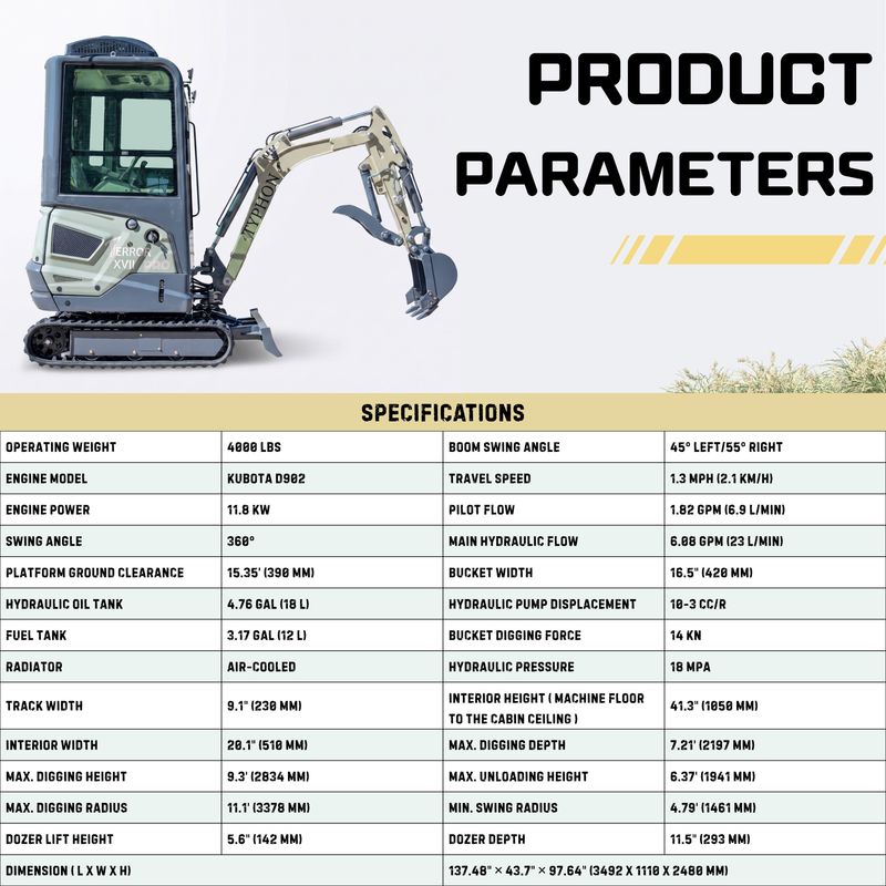 Top Compact & Mini Excavator Diggers- TYPHON Machinery TYPHON TERROR XVII PRO Prestige 4,000 lb Mini Excavator with Kubota D902 Diesel Engine, Boom Swing, A/C & Heater