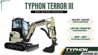 TYPHON TERROR III PROPACT Series - 6000 lb Mini Excavator with Kubota D1105 Diesel Engine, Side Swing, Retractable Rubber Track, AC &amp; Heater Cabin
