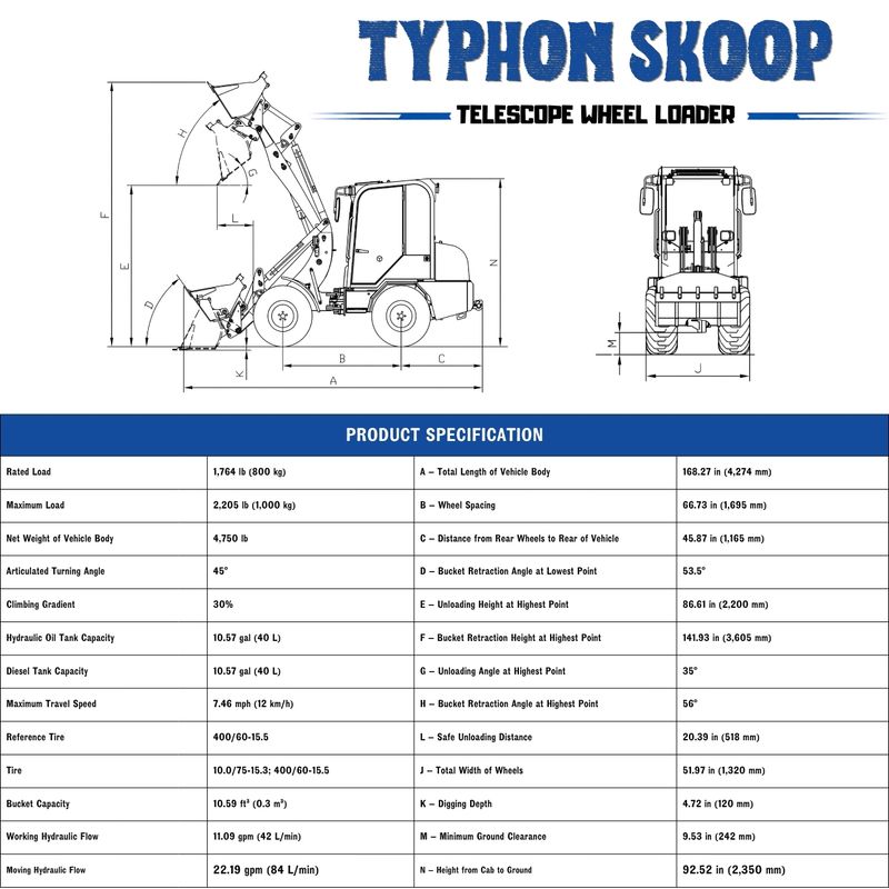 Top Compact & Mini Excavator Diggers- TYPHON Machinery TYPHON Telescopic SKOOP Wheel Loader Cabin Version Kubota D1105 Diesel Engine 1 Ton Max Load Capacity AC & Heater Cabin