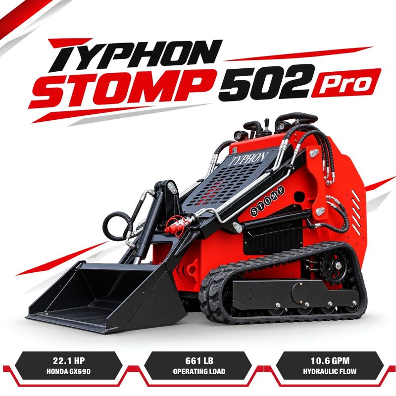 TYPHON STOMP 502 PRO Heavy-Duty Mini Skid Steer - EPA Certified Honda GX690 22.1 HP, 838 lb Max Lift, Stand-On with Professional 3-pump / 3-valve system