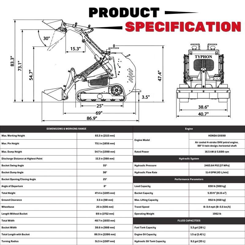 Top Compact & Mini Excavator Diggers- TYPHON Machinery TYPHON STOMP 502 PRO Compact Skid Steer Loader - EPA Certified Honda GX690 22.1 HP, 992 lb Max Lift, Stand-On with Professional 3-pump / 3-valve system
