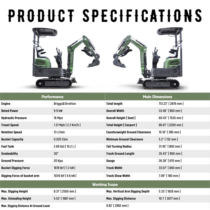 Top Compact & Mini Excavator Diggers- TYPHON Machinery TYPHON TERROR XI 1.1 Ton Mini Excavator with Briggs & Stratton USA Engine, Hydraulic Oil Cooler, Boom Swing & Double-Sided Throttle Valve