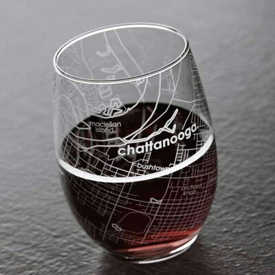 Chattanooga TN Map Stemless Wine Glass