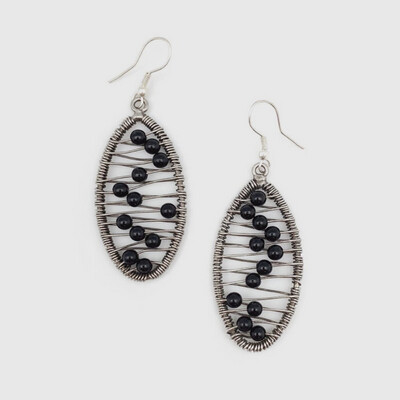 Black Beaded Silver Earrings