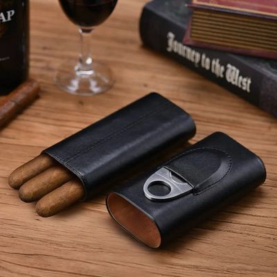Genuine Black Leather Cigar Case, Wood Lined Humidor With Cutter