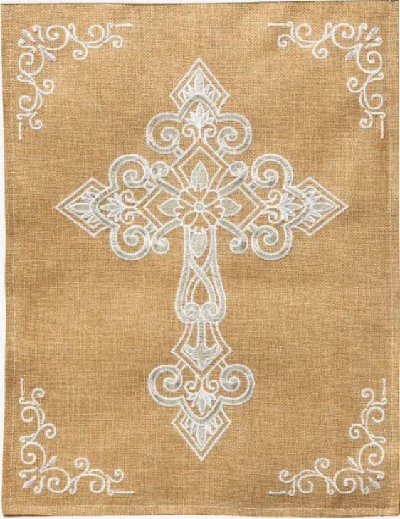 White Cross Burlap Garden Flag