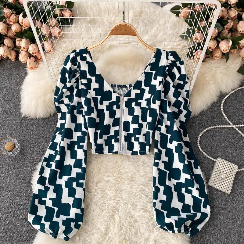 Short V-neck Leopard Zipper Shirt For Women