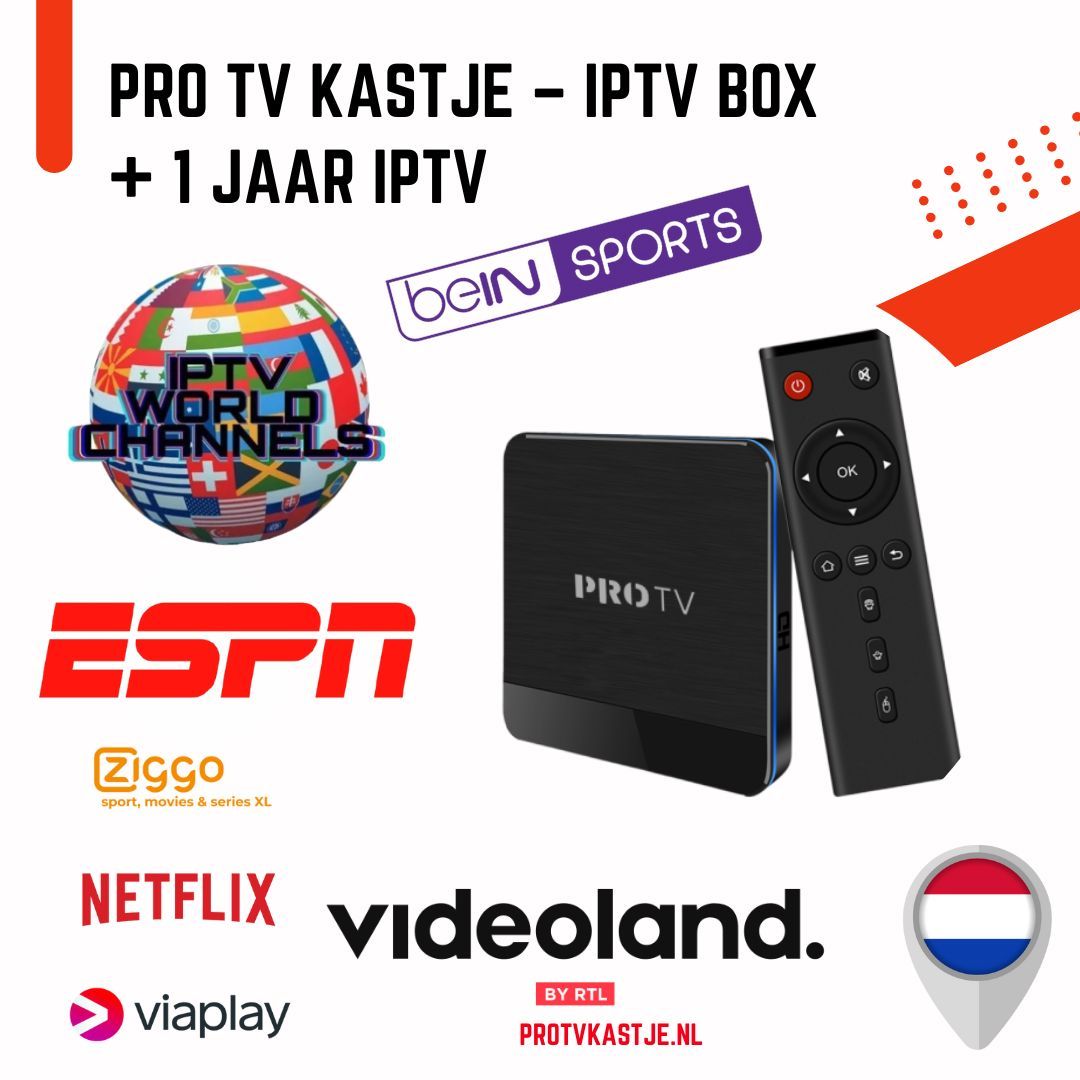 Pro TV Kastje met IPTV Box en 1 jaar IPTV – Bekijk ESPN, Netflix, Ziggo Sport, Viaplay en meer dan 80.000 wereldwijde zenders – Geen abonnement nodig – Plug & Play – Bestel bij ProTVKastje.nl met gratis verzending.