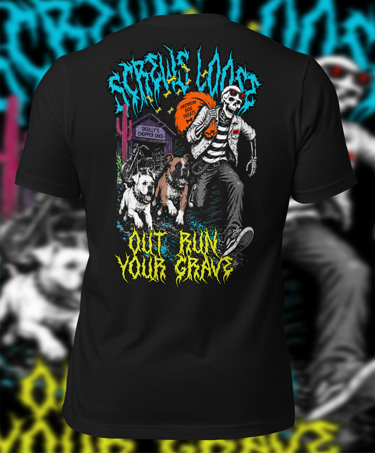 Gothic skull and skeleton dog design with two dogs chasing a running character, dark death and horror artwork