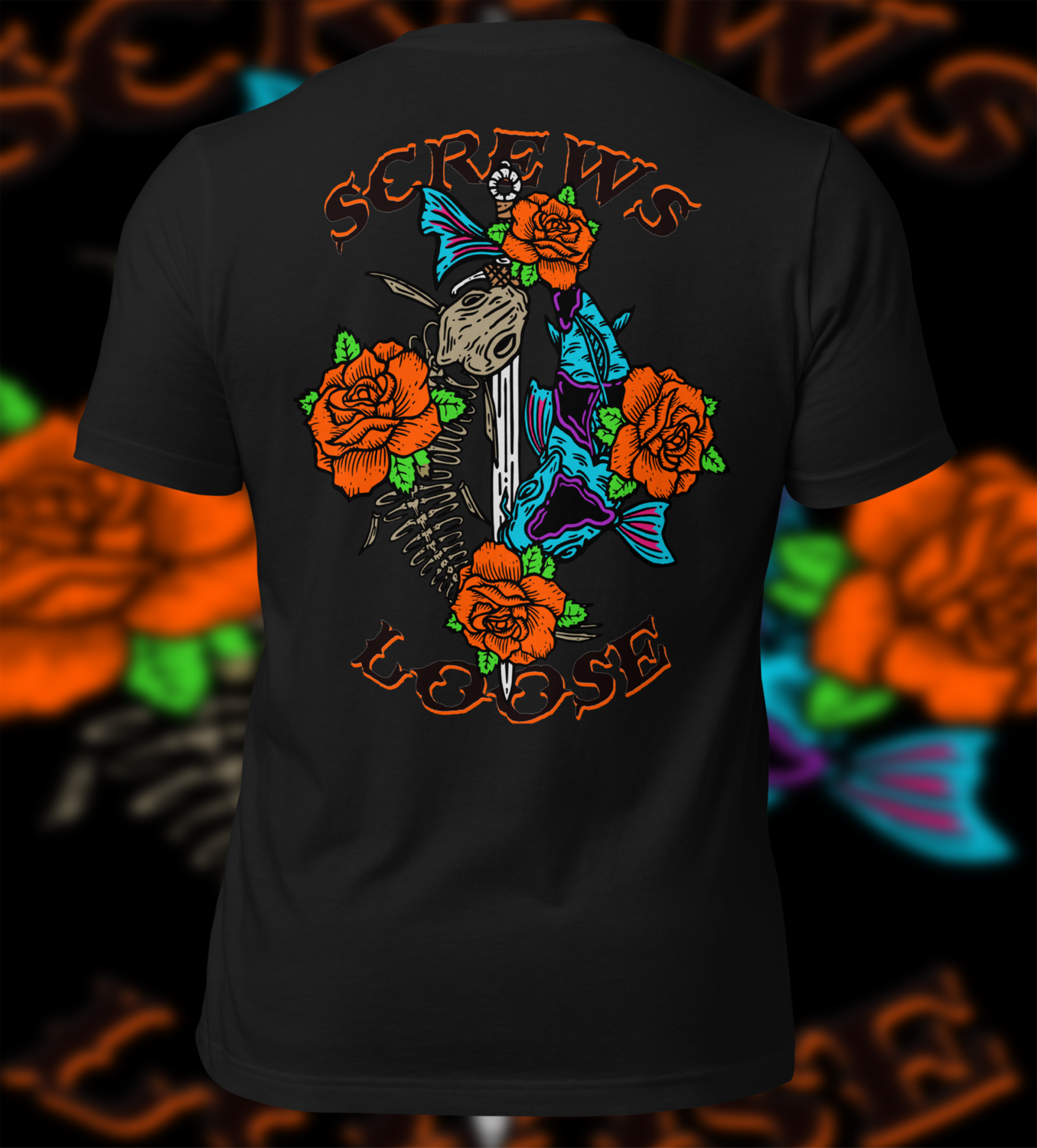 Dark Life Cycle koi fish design with a living koi, skeleton koi, and dagger symbolizing life and death