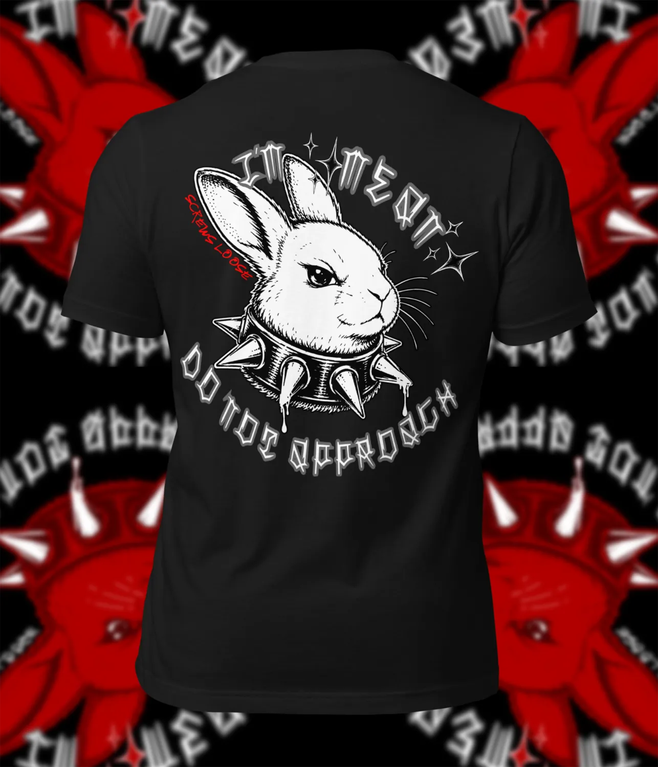 Cute gothic bunny t-shirt with spiked collar and “I’m Mean Do Not Approach” graphic in black and white