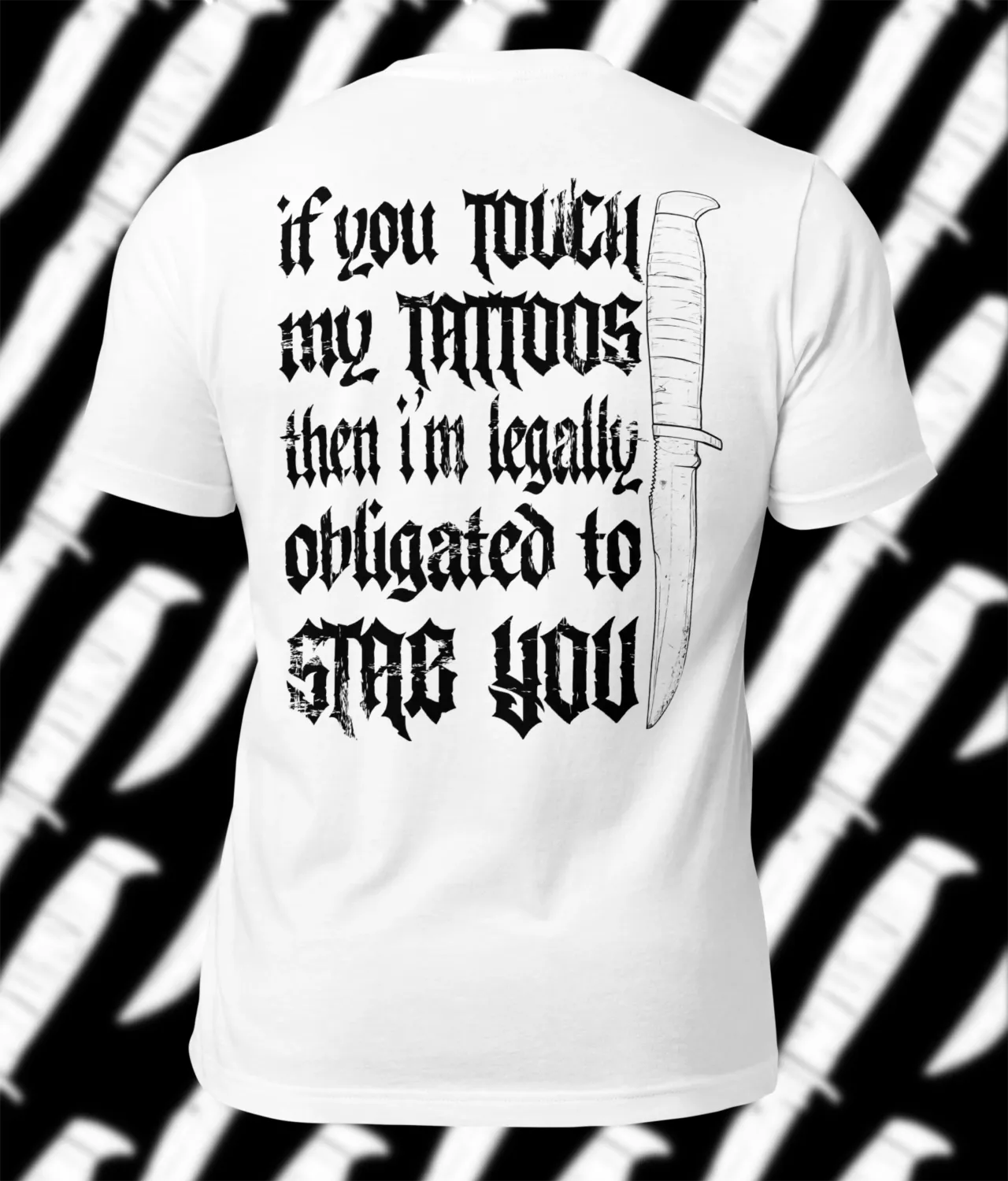 Edgy tattoo artist t-shirt with distressed gothic typography, knife artwork and dark humor warning graphic