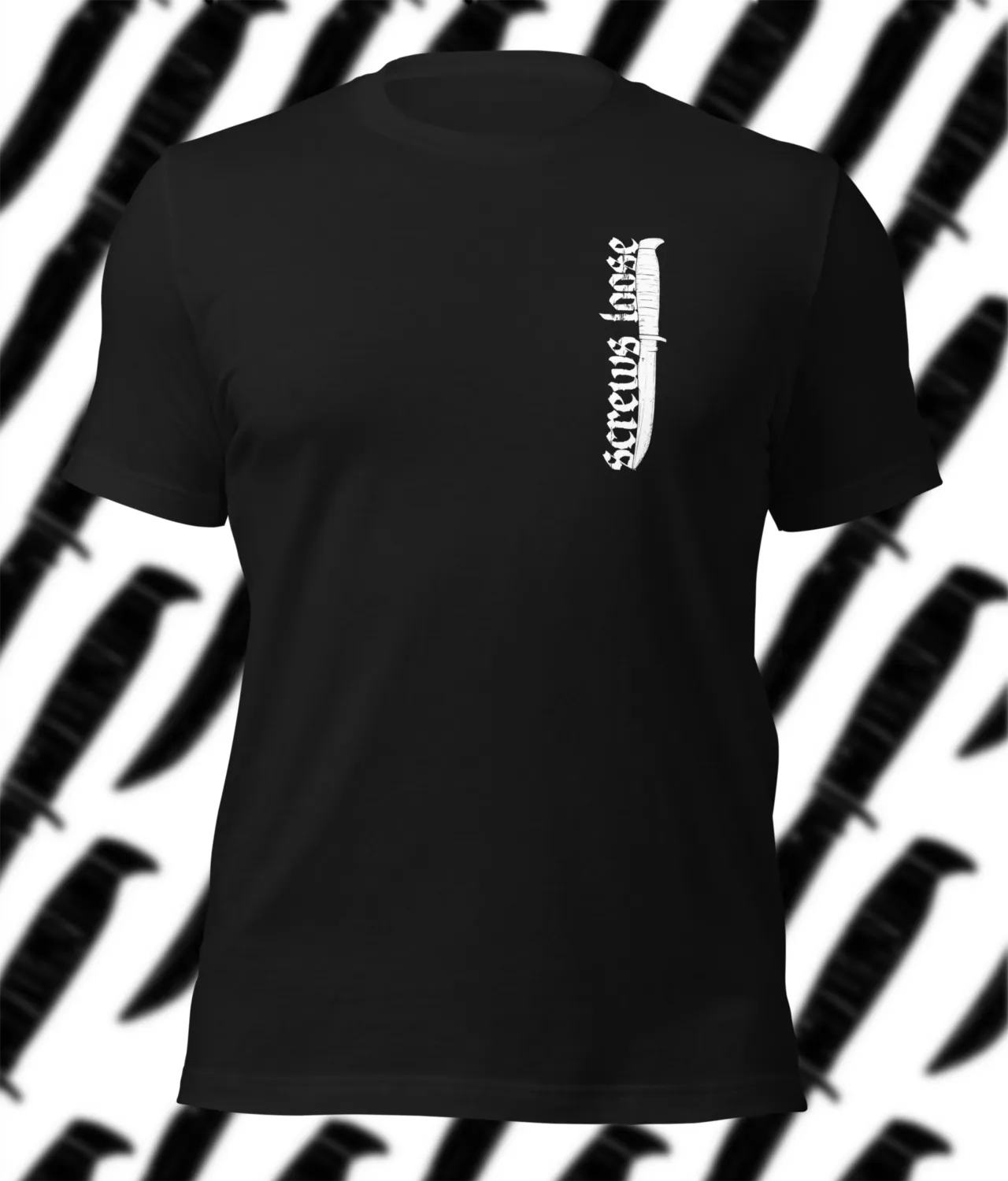 Dark humor tattoo shirt featuring a knife and bold gothic text warning people not to touch tattoos