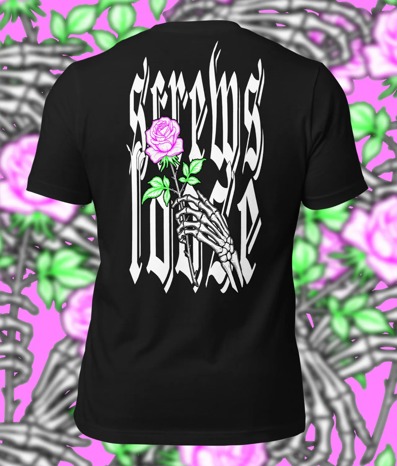 Alternative romantic t-shirt with skeletal hand holding a rose, gothic “Undying Affection” lettering and floral artwork