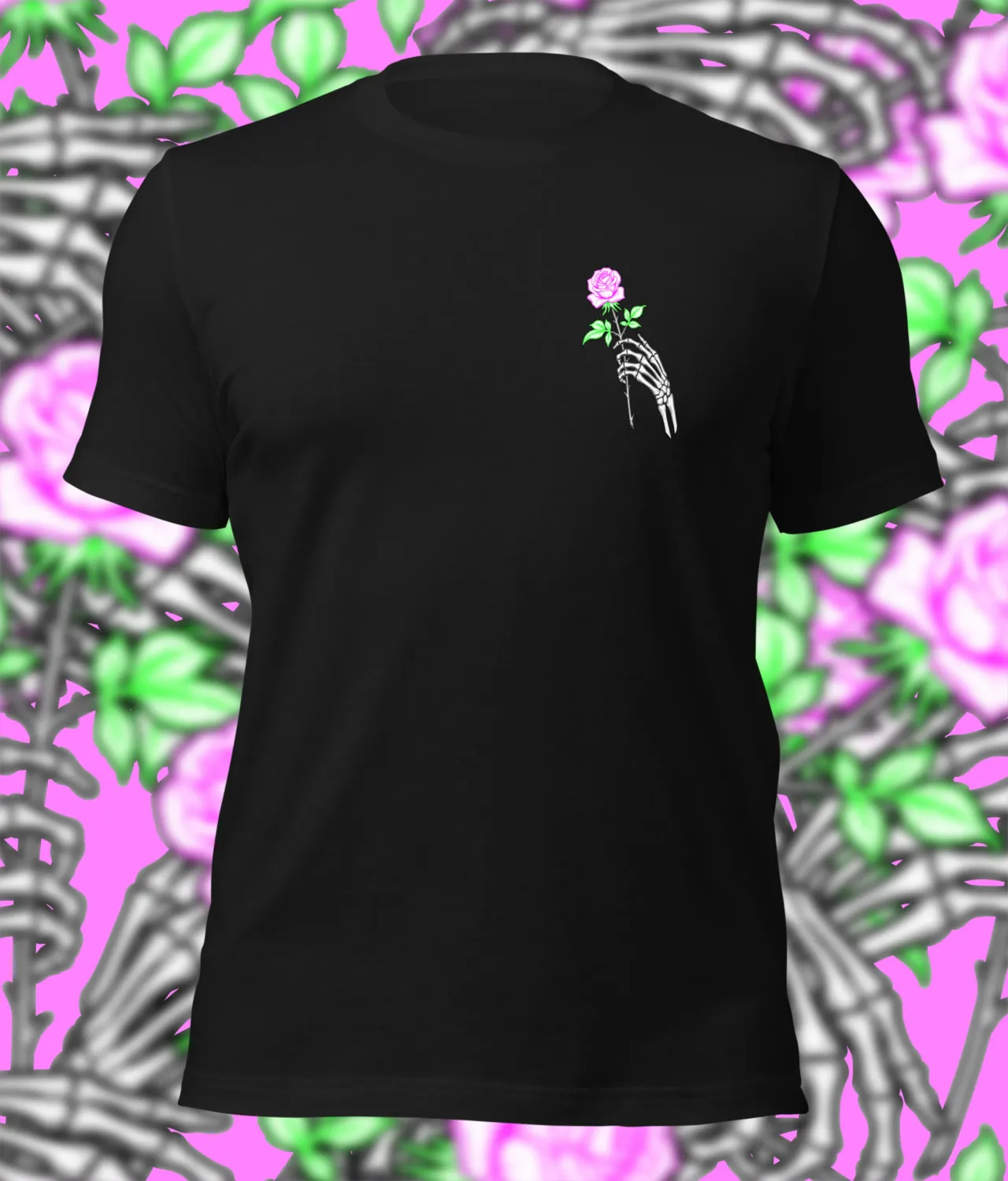 Undying Affection gothic t-shirt featuring a skeleton hand holding a pink rose with bold white lettering