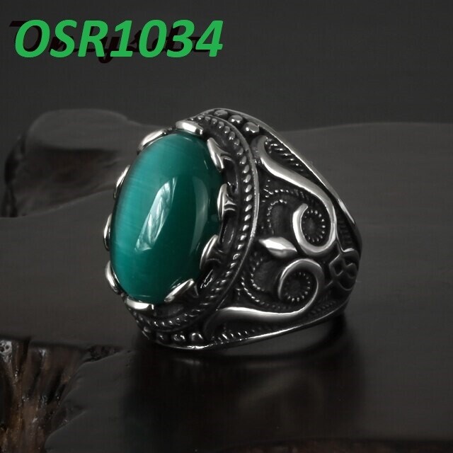 Fashion Flower Band Oval Natural Man Ring With Stone For Women Vintage Look Antique Silver