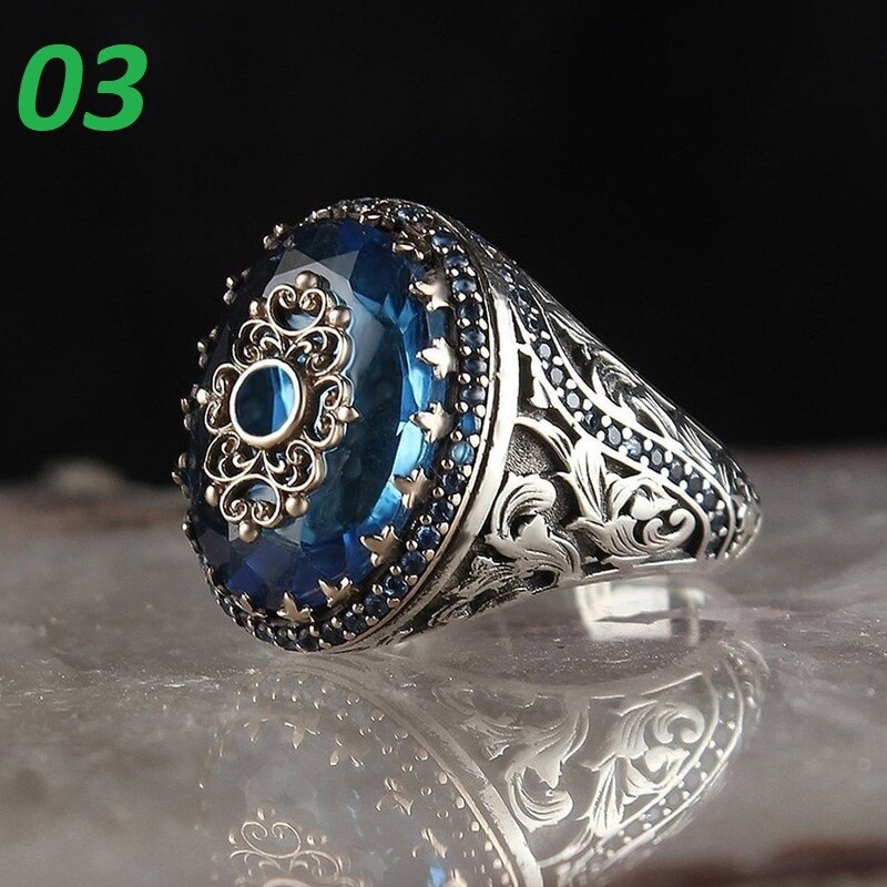 Vintage Hand Engraved Pattern Turkish Signet Ring For Men Fashion Set Green Gemstone Seal Islamic Muslim Jewelry