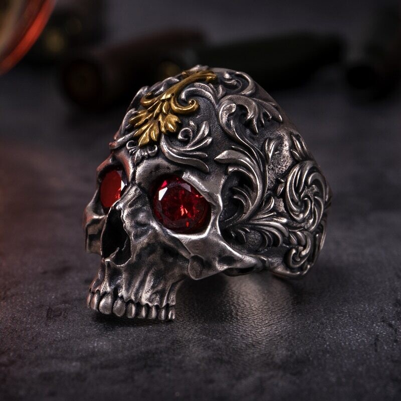 New Style Vintage Gothic Red Zircon Eye Skull Metal Punk Rings Cool Men&#39;s Rock Party Biker Jewelry - RingKing