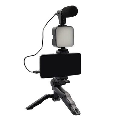 Kit para crear videos.  Trípode, micrófono, control bluetooth, flash led.