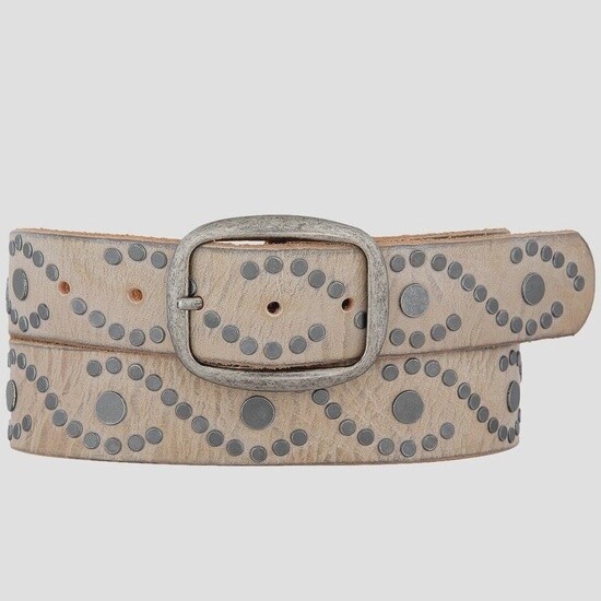 35058 Irena | Women&#39;s Studded Leather Belt | Antique Silver Studs- Creme