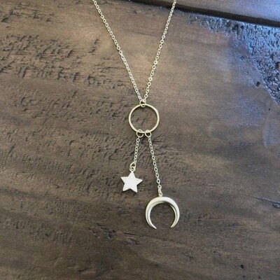 Moon And Star Hanging Pendant Necklace Gold
