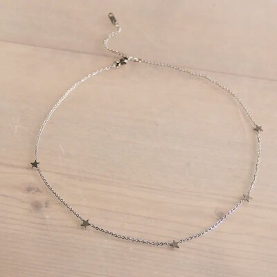 Stainless Steel Fine Short Necklace With Stars - Silver