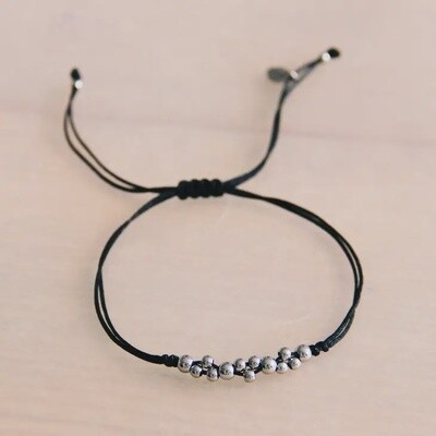 Satin Bracelet with Silver Beads-  Black
