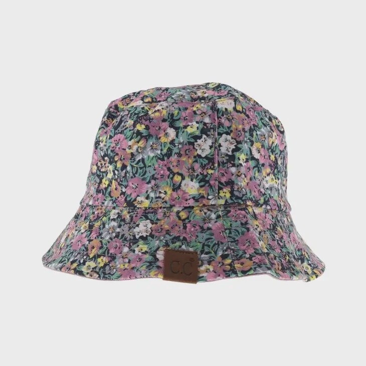 Tiny Floral Print Reversible C.C Bucket Hat- Navy/Mauve