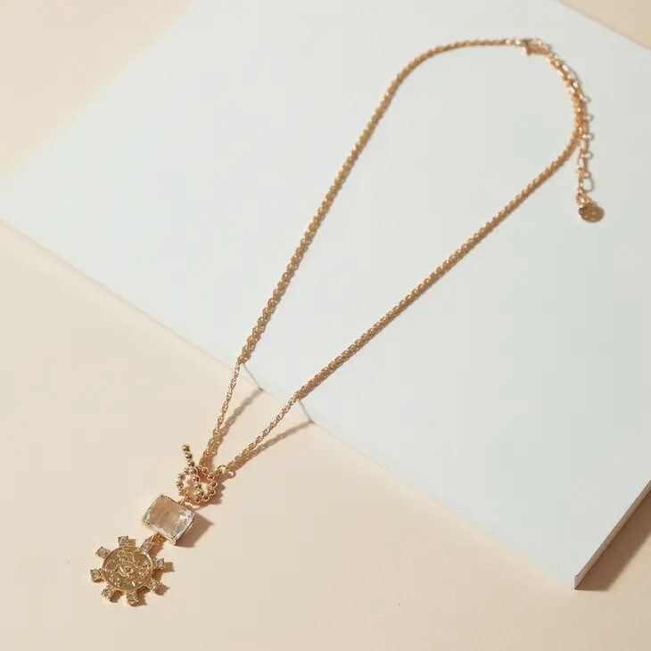 Glass Stone Pendant Chain Necklace- Gold