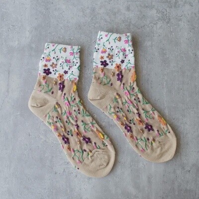 Floral 2 Tones Casual Socks- Ivory/Taupe