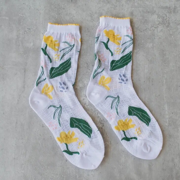 Women's Floral Casual Socks- White/Yellow