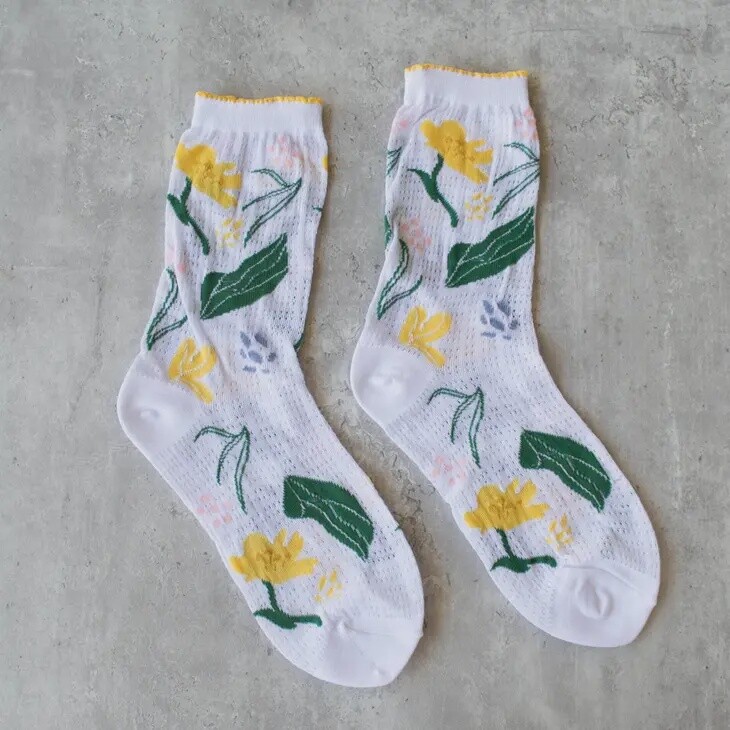 Women&#39;s Floral Casual Socks- White/Yellow
