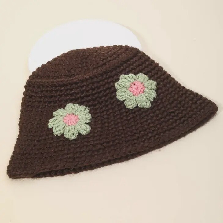 Crochet Knit Flower Bucket Hat, Colour: Black