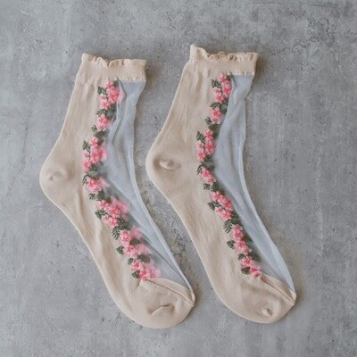 Floral Mesh Socks- Beige