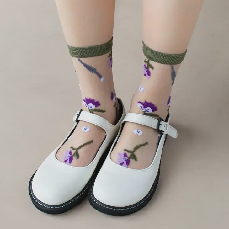Miss Little Floral Mesh Casual Socks- Olive