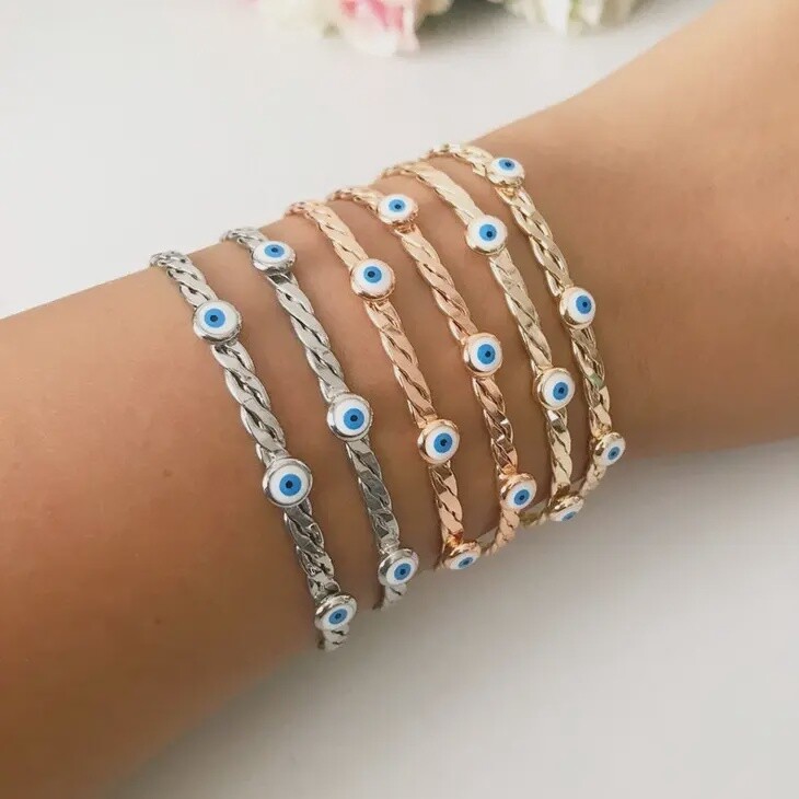 Evil Eye Bangle Bracelet- Silver
