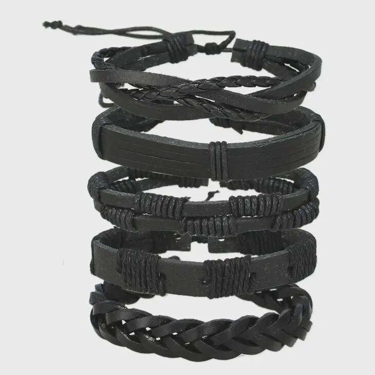 Black Leather Braided Unisex Bracelet Set