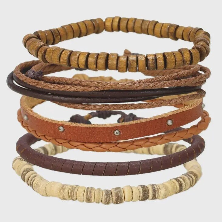 Wood &amp; Leather Brown Unisex Bracelet Set